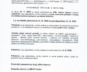 Oznam o možnosti podávania návrhov k cestovnému poriadku PO Kraj