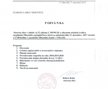 Pozvánka na zasadnutie obecného zastupiteľstva