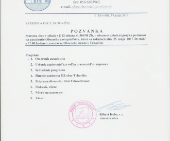 Pozvánka na zasadnutie obecného zastupiteľstva